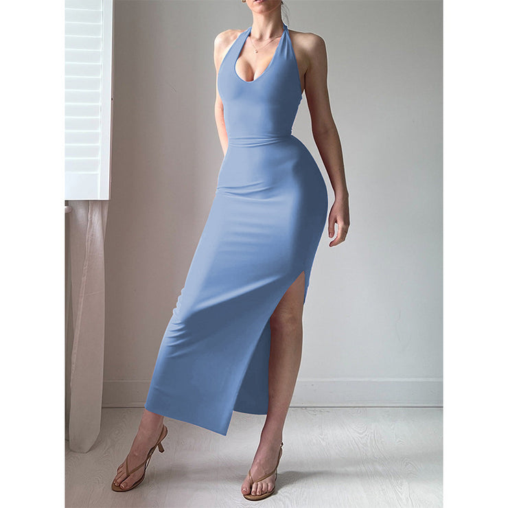 Pure Color Halter Lace-up Sexy Slit Dress