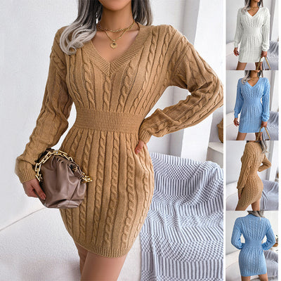 Single-coloured long-sleeved knitted dress with V-neck in fashion slim waist dress women's clothing