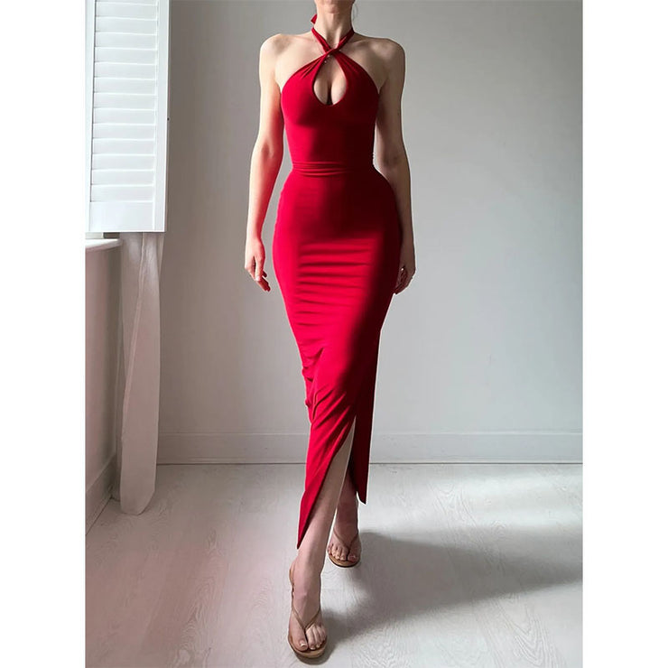 Pure Color Halter Lace-up Sexy Slit Dress