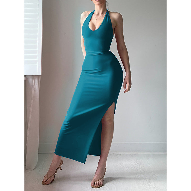 Pure Color Halter Lace-up Sexy Slit Dress