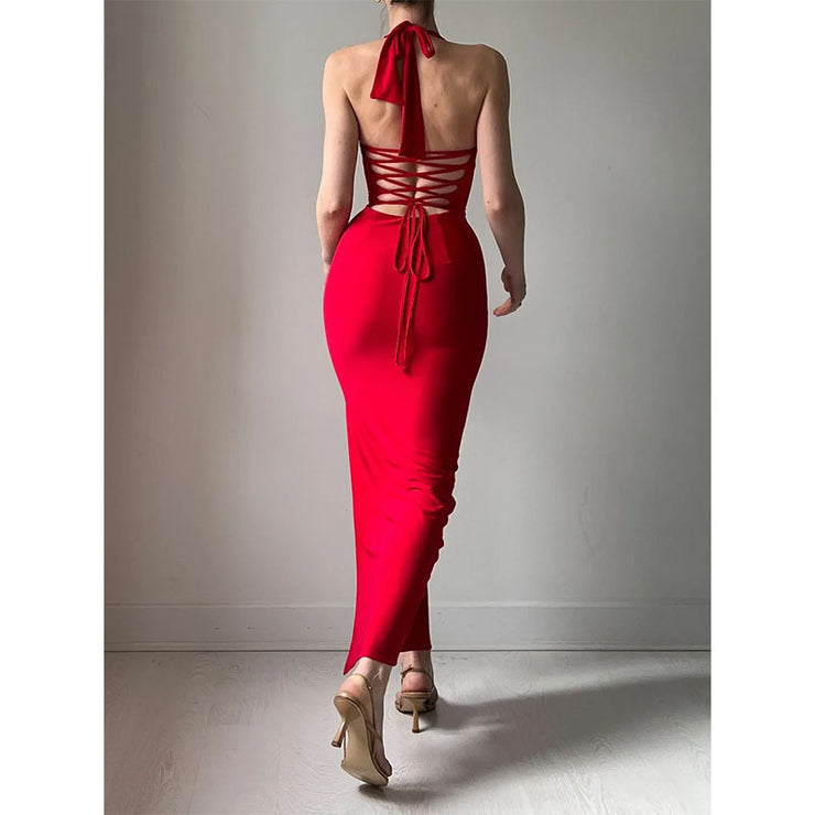 Pure Color Halter Lace-up Sexy Slit Dress