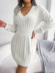 Single-coloured long-sleeved knitted dress with V-neck in fashion slim waist dress women's clothing