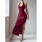 Pure Color Halter Lace-up Sexy Slit Dress