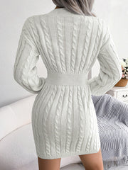 Single-coloured long-sleeved knitted dress with V-neck in fashion slim waist dress women's clothing