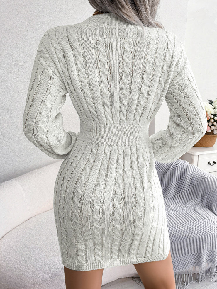 Single-coloured long-sleeved knitted dress with V-neck in fashion slim waist dress women's clothing