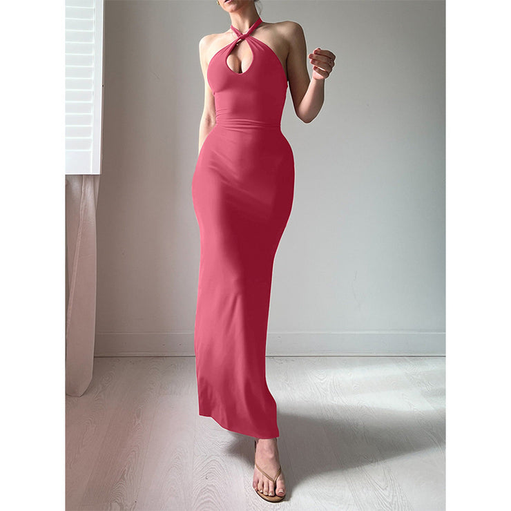 Pure Color Halter Lace-up Sexy Slit Dress