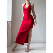 Pure Color Halter Lace-up Sexy Slit Dress